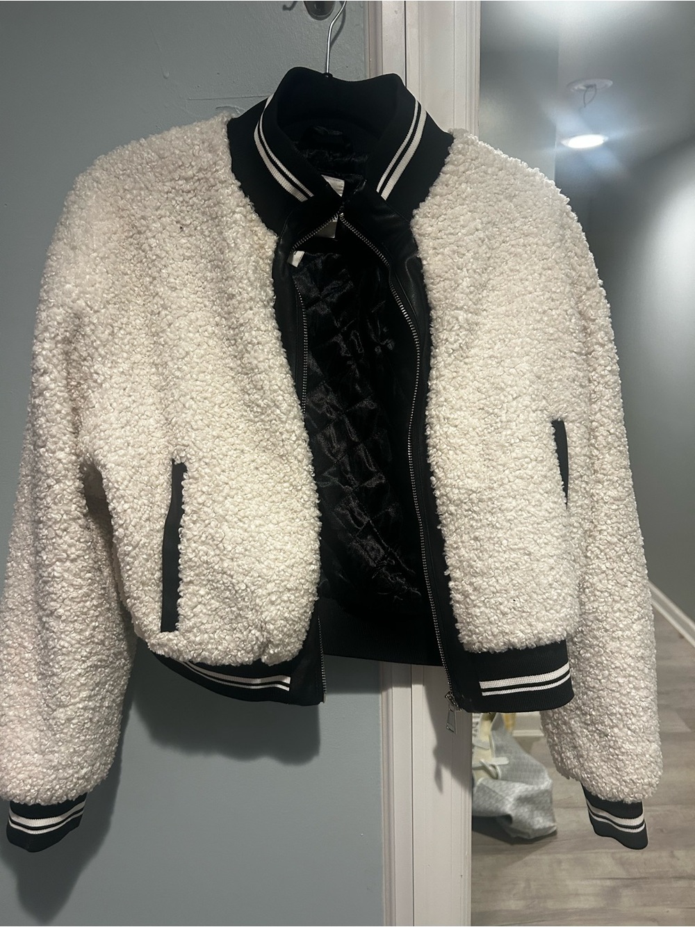 Anthropologie Cream Sherpa Bomber Jacket with Black Trim